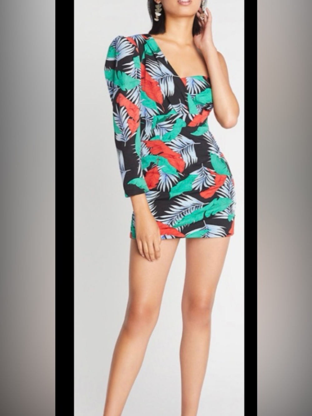 Tropical Leaf Print Bodycon Mini Dress - Black with Green & Red Leaves